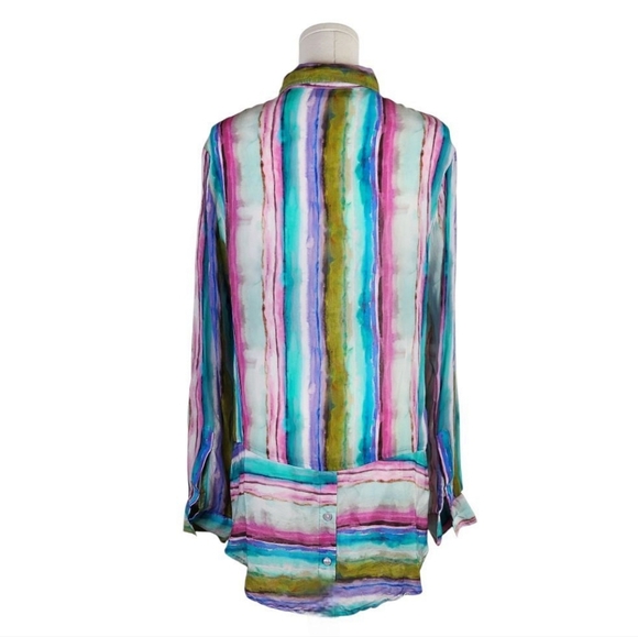 APNY Multicolor Watercolor Stripe Button Down Blouse L Roll Tab Sleeve - Picture 4 of 9